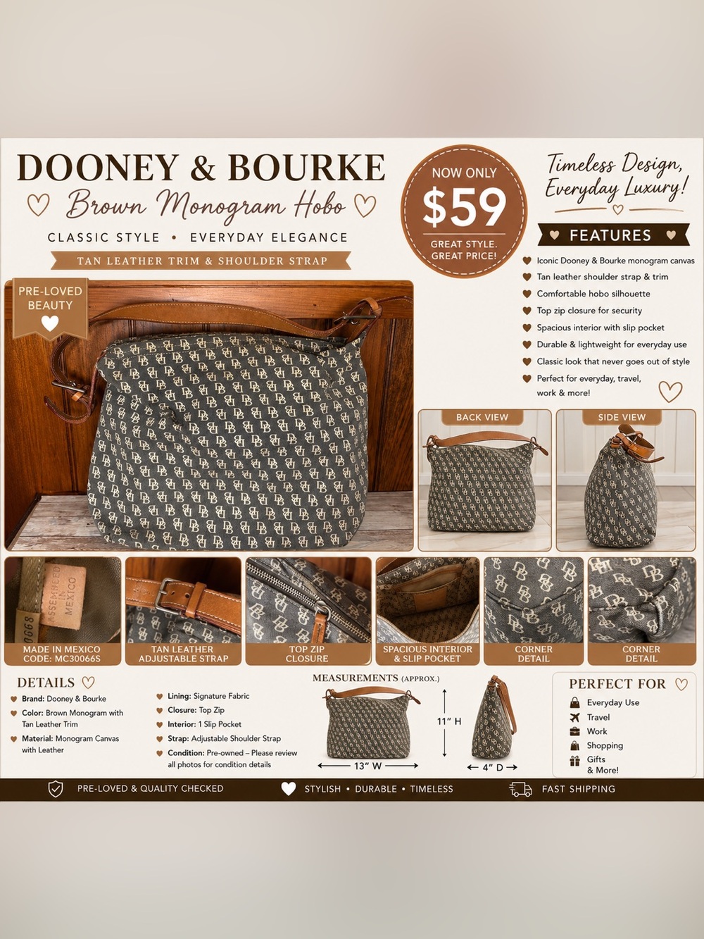 Dooney & Bourke Brown Monogram Hobo Bag – Tan Leather Trim